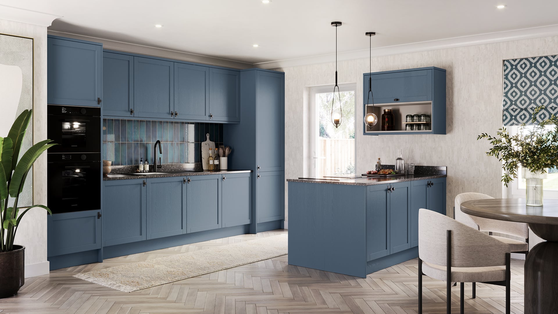 Blue fitted kitchen with island