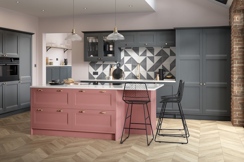 Pink and grey Shaker kitchen