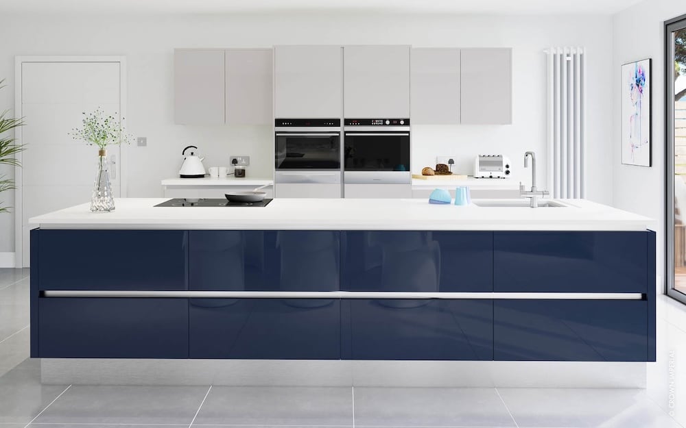 Handleless kitchen with blue island