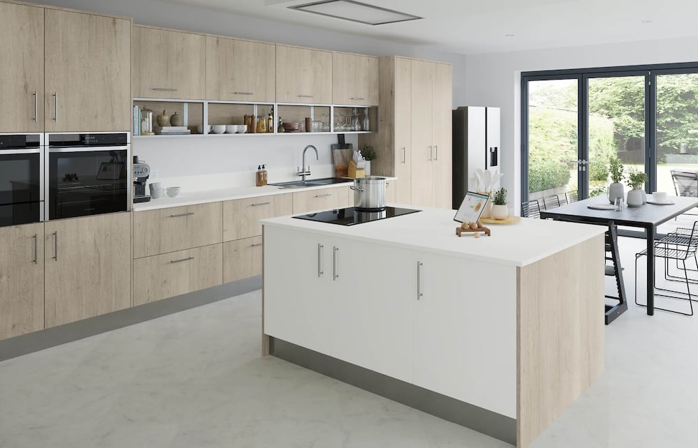 Modern kitchen with oak doors and island