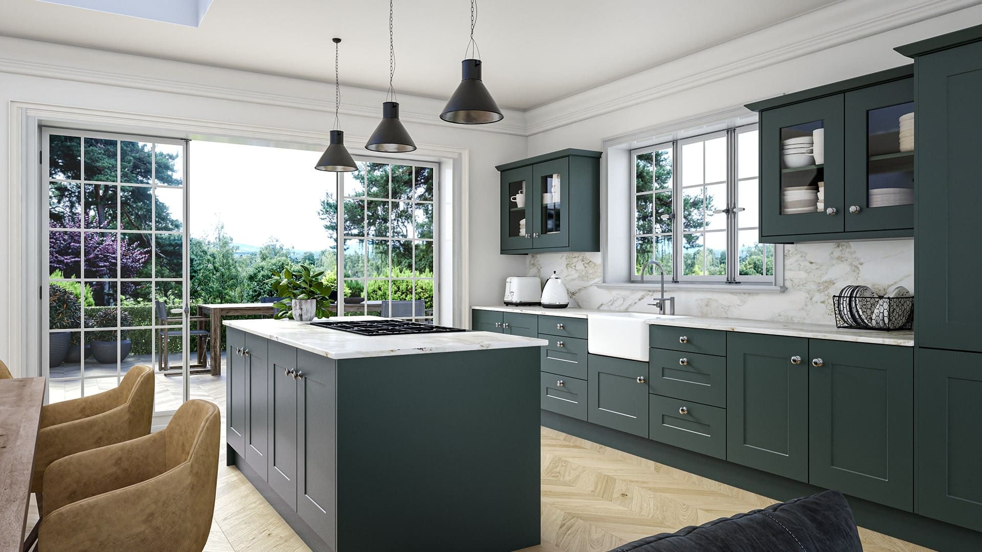 Green fitted kitchen with island