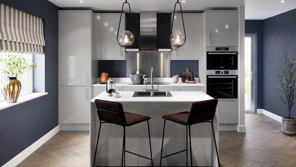 Grey gloss kitchen with handles and small island