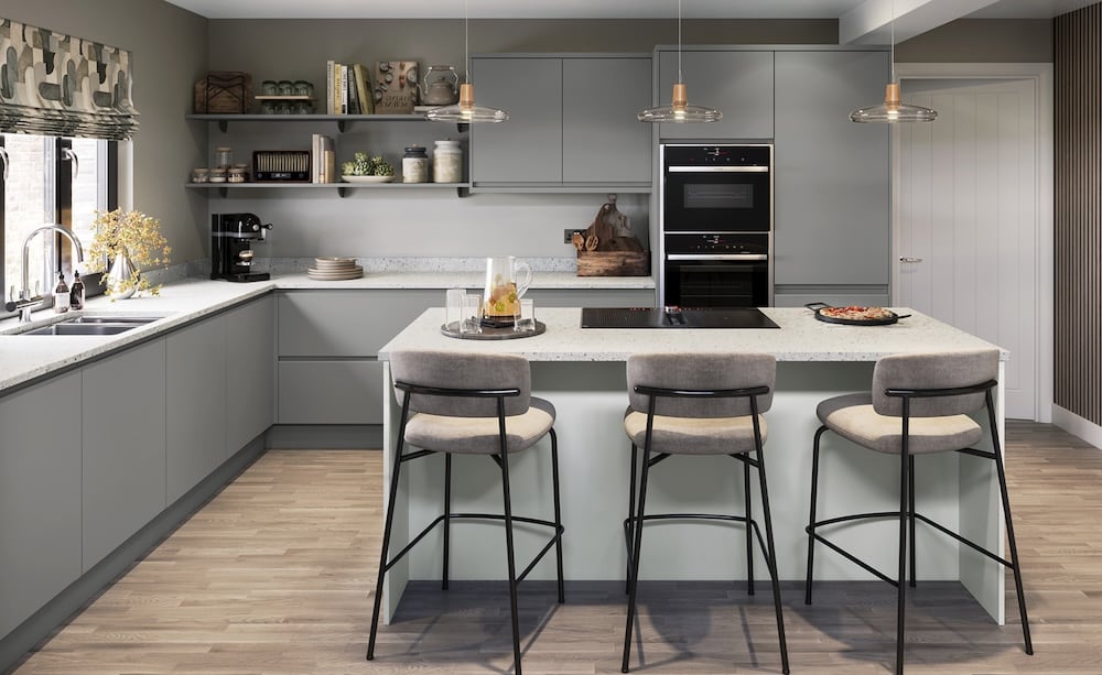 Grey handleless kitchen with island