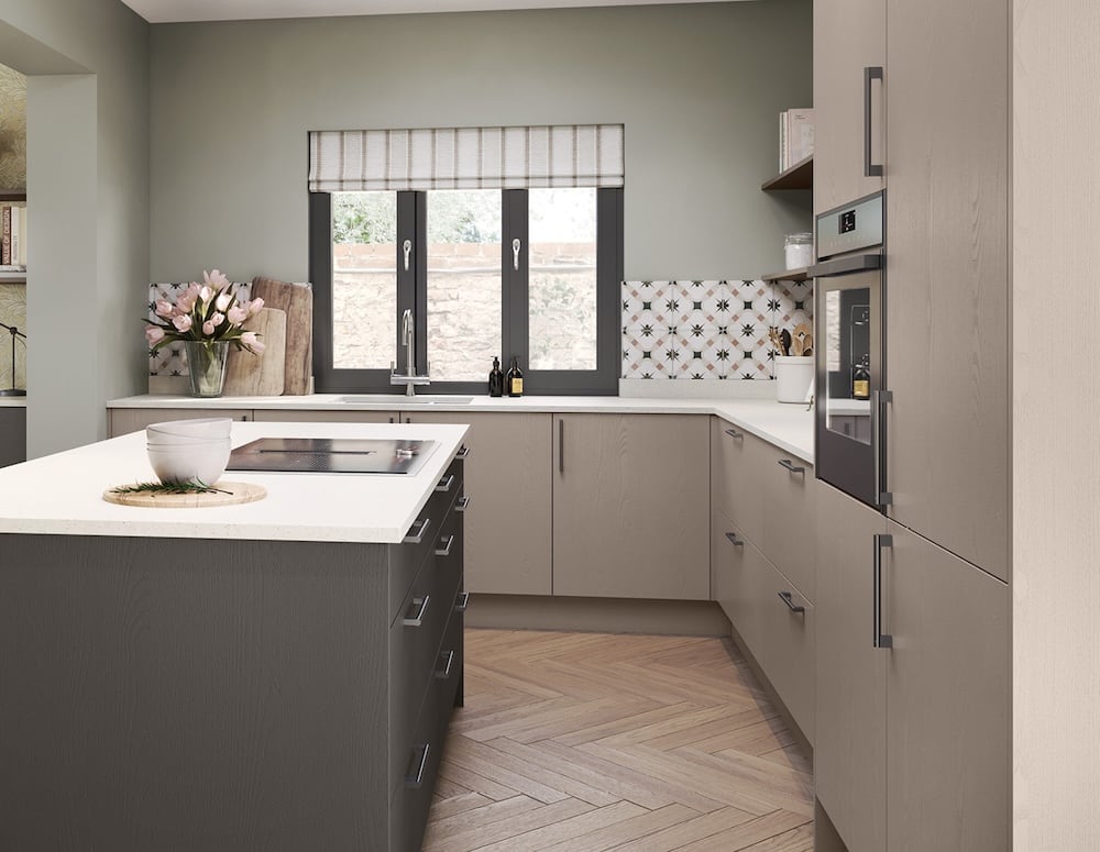 Modern kitchen with handles with grey island