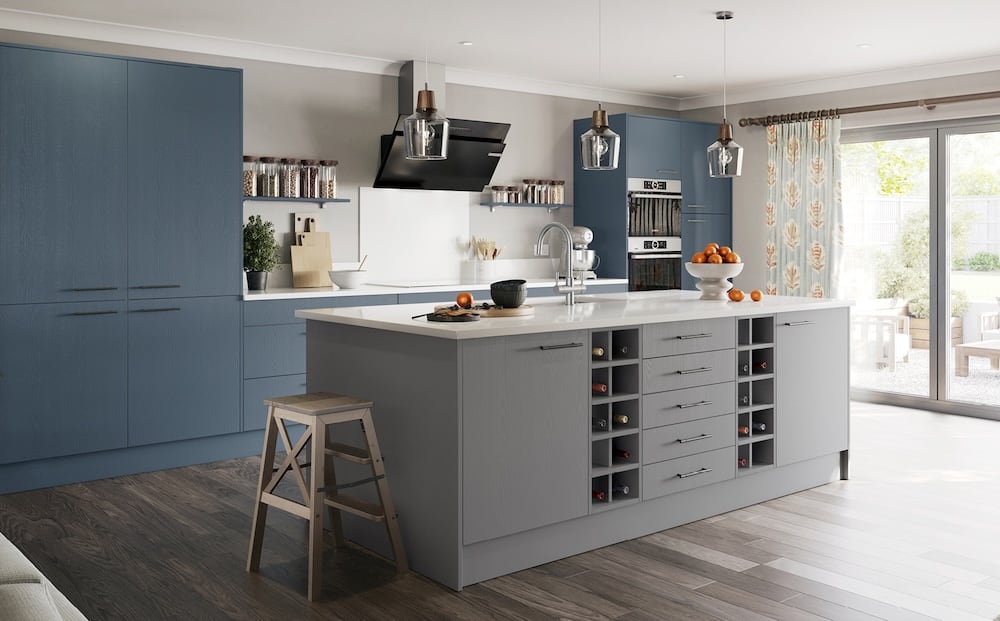 Blue and grey modern kitchen with island