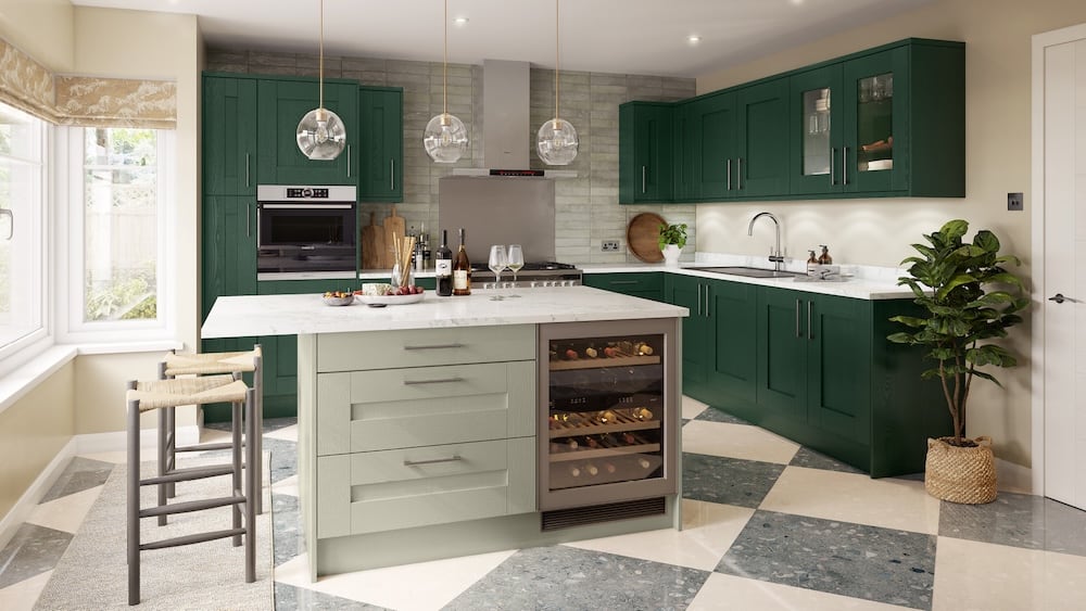 Green shaker kitchen with island